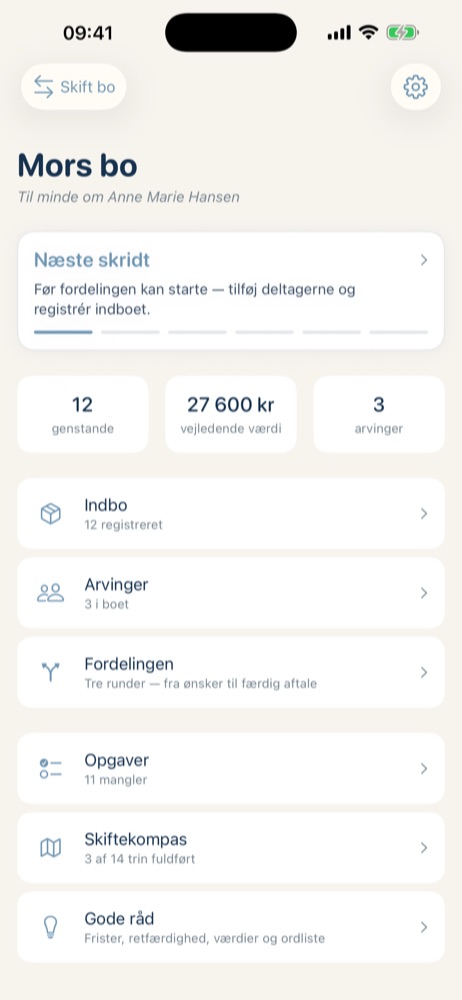 Overblik over boet med genstande, vejledende værdi og arvinger
