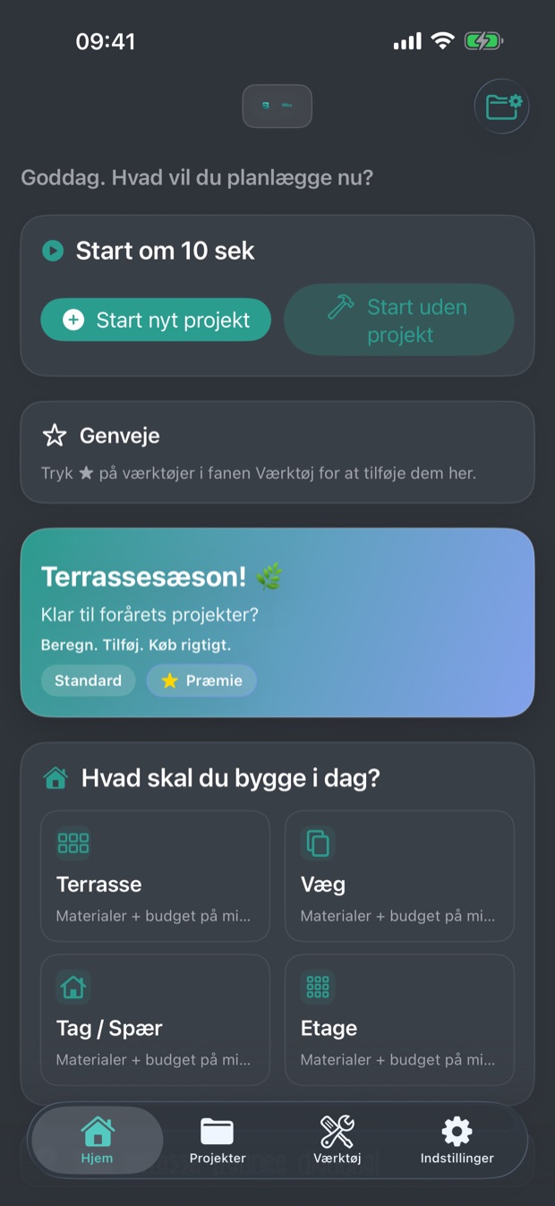 BuildWise på dansk – hjemmeskærmen med hurtig start og dagens projekter