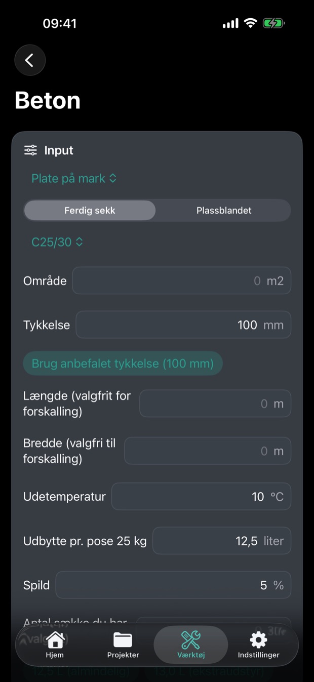 Betonberegneren i BuildWise på dansk