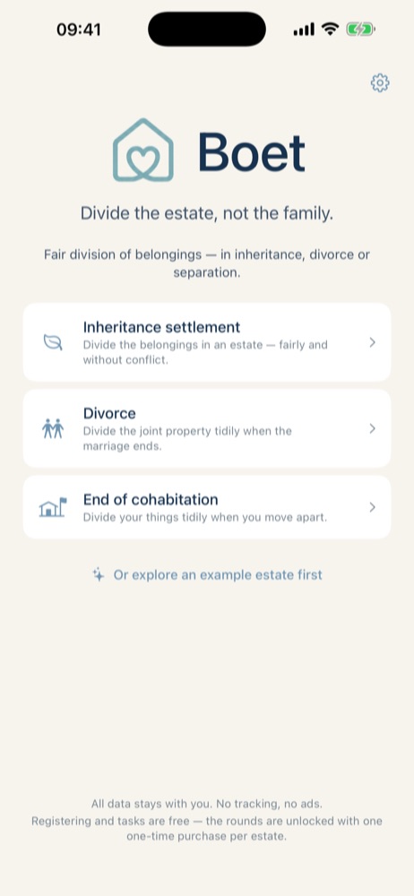 Boet start screen: choose between inheritance, divorce or break-up