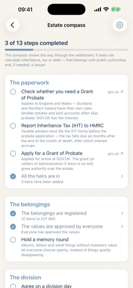 The estate compass with UK steps: Grant of Probate, Inheritance Tax and gov.uk links