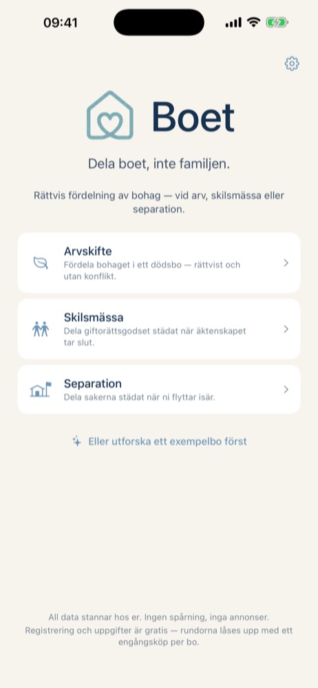 Boets startskärm: välj mellan arvskifte, skilsmässa eller separation