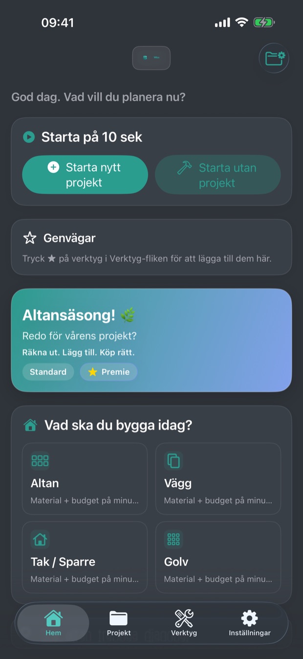 BuildWise på svenska – hemskärmen med aktivt projekt och snabbkalkyl