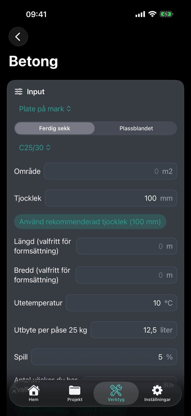 Betongkalkylatorn i BuildWise på svenska